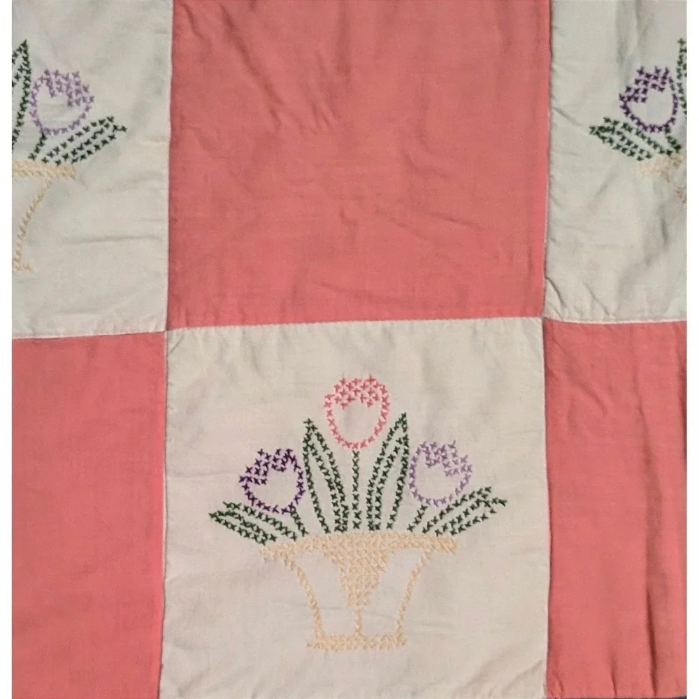 Vintage Handmade Cross Stitch‎ Tulip Basket Patchwork Quilt Pink Pastel 92x76 in